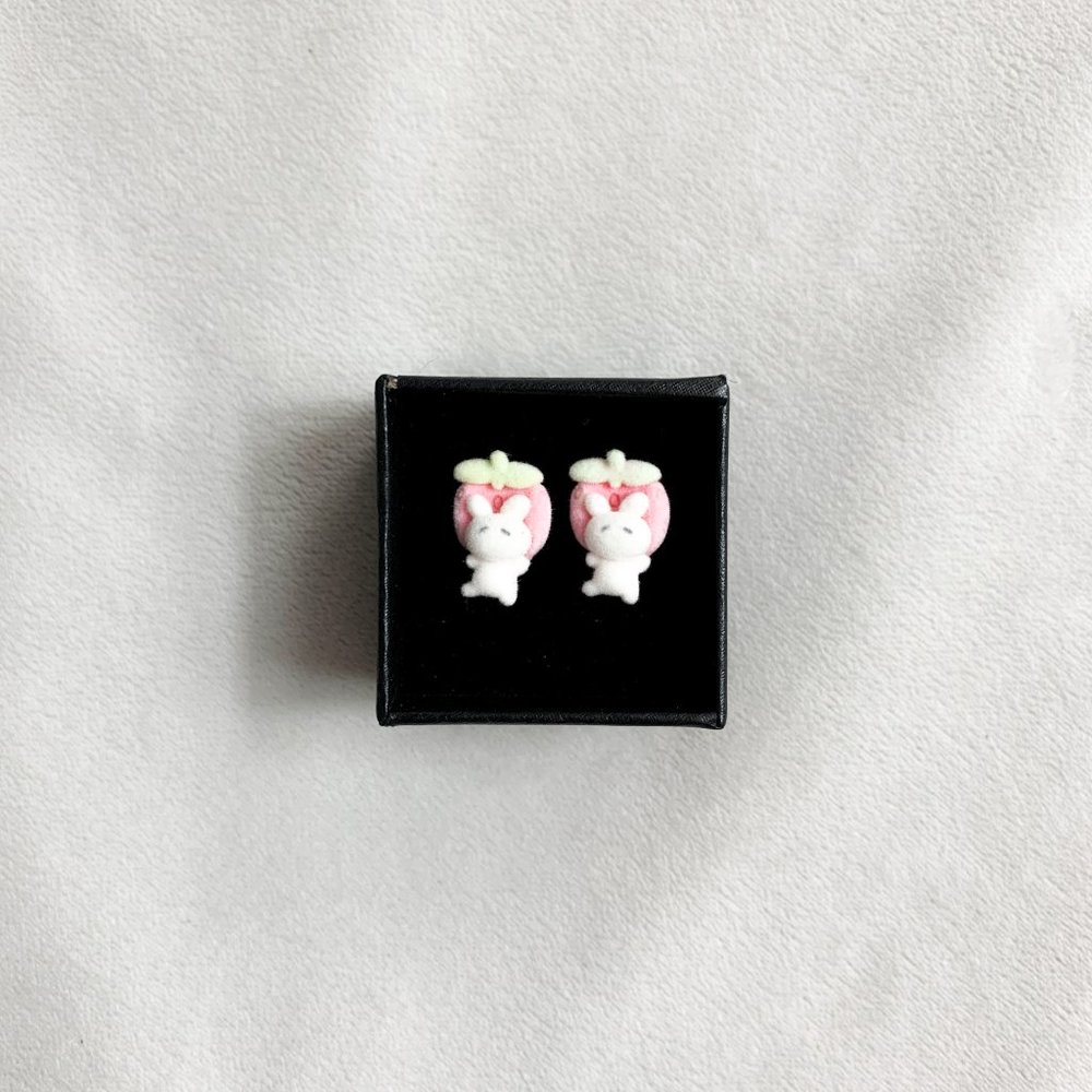 Fuzzy Strawberry Bunnies Stud Earrings
